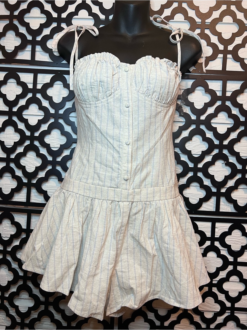 New Pink Striped Tie-Shoulder Romper in cream with Light Blue stripes